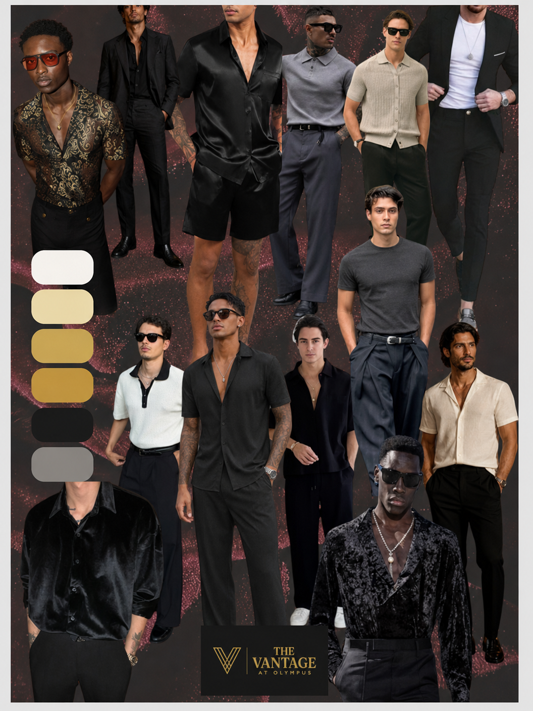 Noir cabaret menswear mood board with tailored trousers, polished shoes, textured knits, open collars, color palette swatches, and Vantage logo