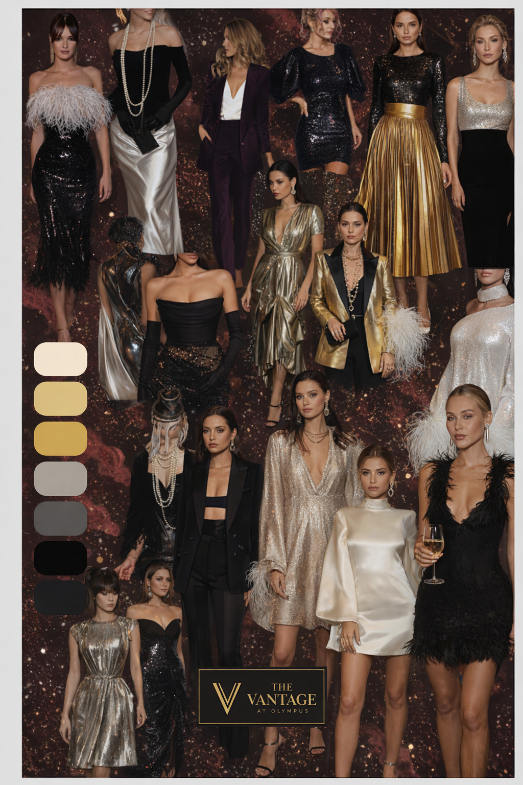 Noir cabaret womenswear mood board with sequins, satin, velvet, metallics, feathers, color palette swatches, and Vantage logo