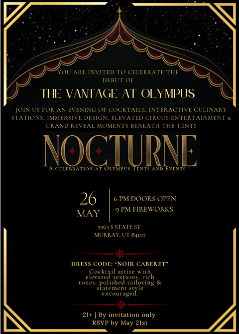 Full invitation artwork for The Vantage at Olympus Nocturne with date, doors, fireworks, address, dress code, 21 plus note, RSVP deadline, Art Deco tent, and gold frame